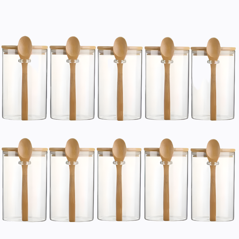 10PCS Glass Jars with Airtight Bamboo Lids & Spoons